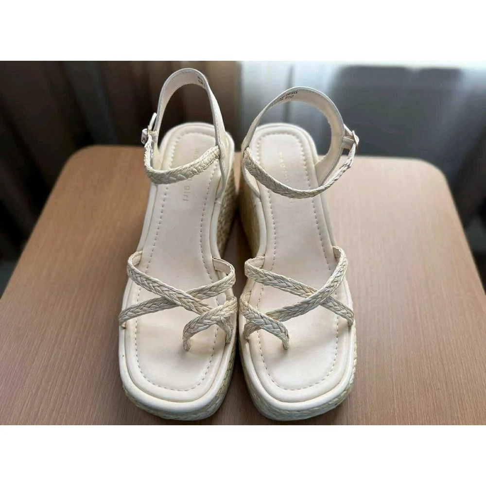 Light Beige Nude Women Espadrille Strappy Chunky Wedge Platform Sandals 9.5 M